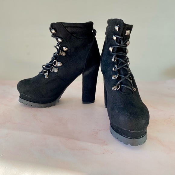 Black Platform Heeled Lace Up Boots - Picture 2 of 7